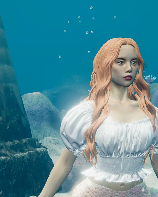 Her close up in open water, in a white puff-sleeved top