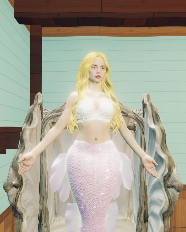 Her in the open wardrobe of her cabin, in a pearl bralette and a pearl-pink tail